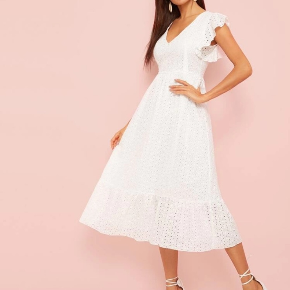 Eyelet embroidered ruffle hem midi dress